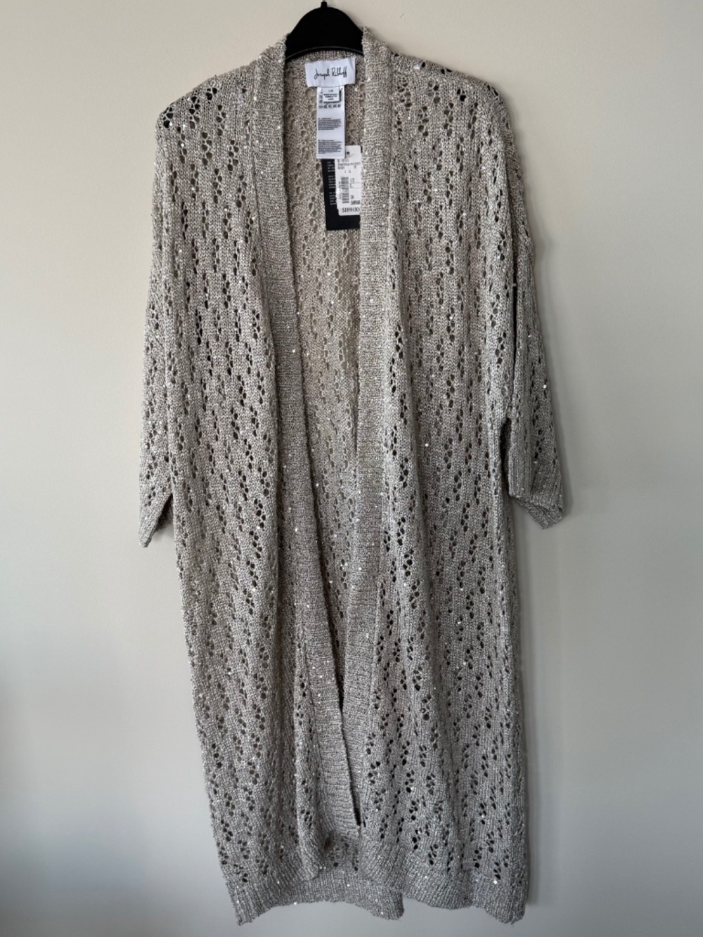 ✨NWT Joseph Ribkoff Champagne Sequin Open Knit Long Cardigan L - Picture 3 of 9